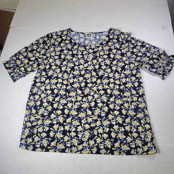Anne Klein Women Dark Floral Navy/Yellow Short Sleeve Lightweight Top Size L - Picture 1 of 8